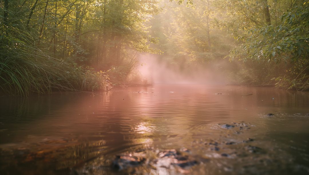 Scenic Creek with Mist and Sunrays in Forest at Dawn
