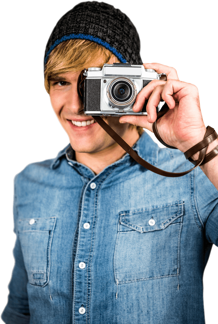 Smiling Young Man with Retro Camera and Transparent Background