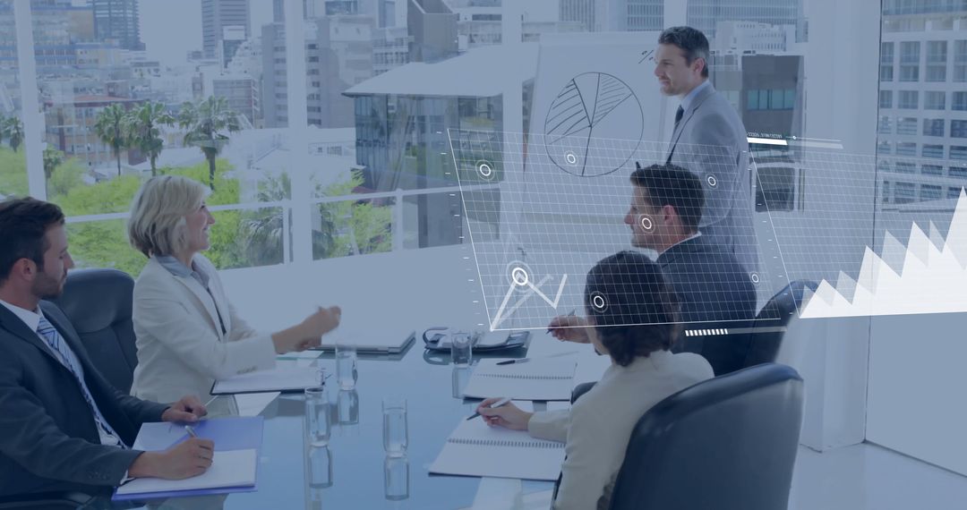 Team Presenting Data with Graphs in Sunny Office Environment