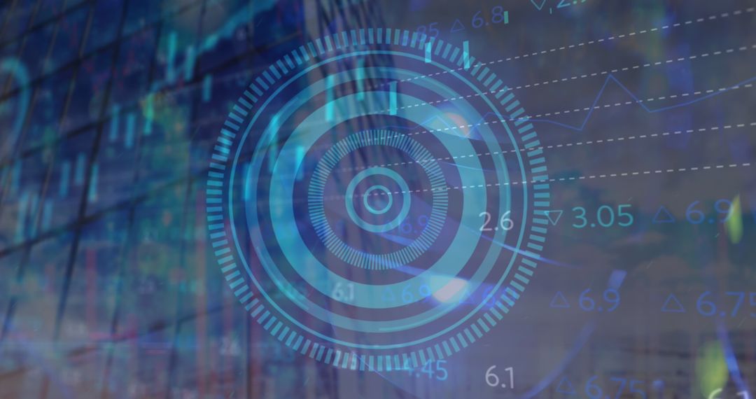 Digital Interface with Data Processing Overlays on Cityscape