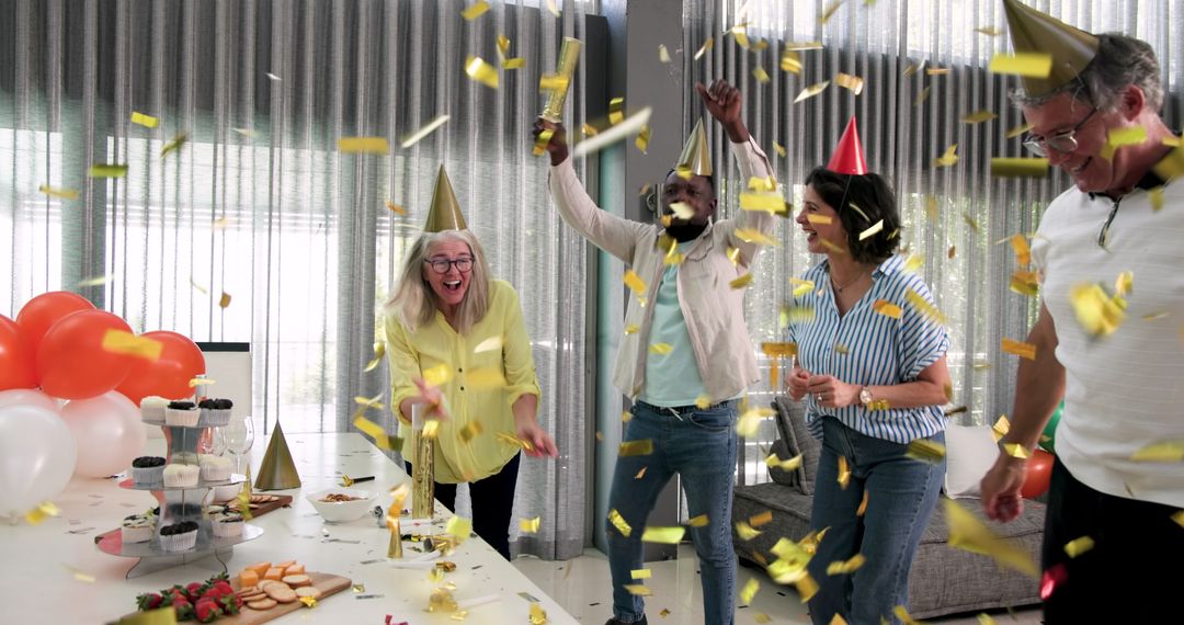 Joyful Office Party with Colleagues Celebrating with Confetti