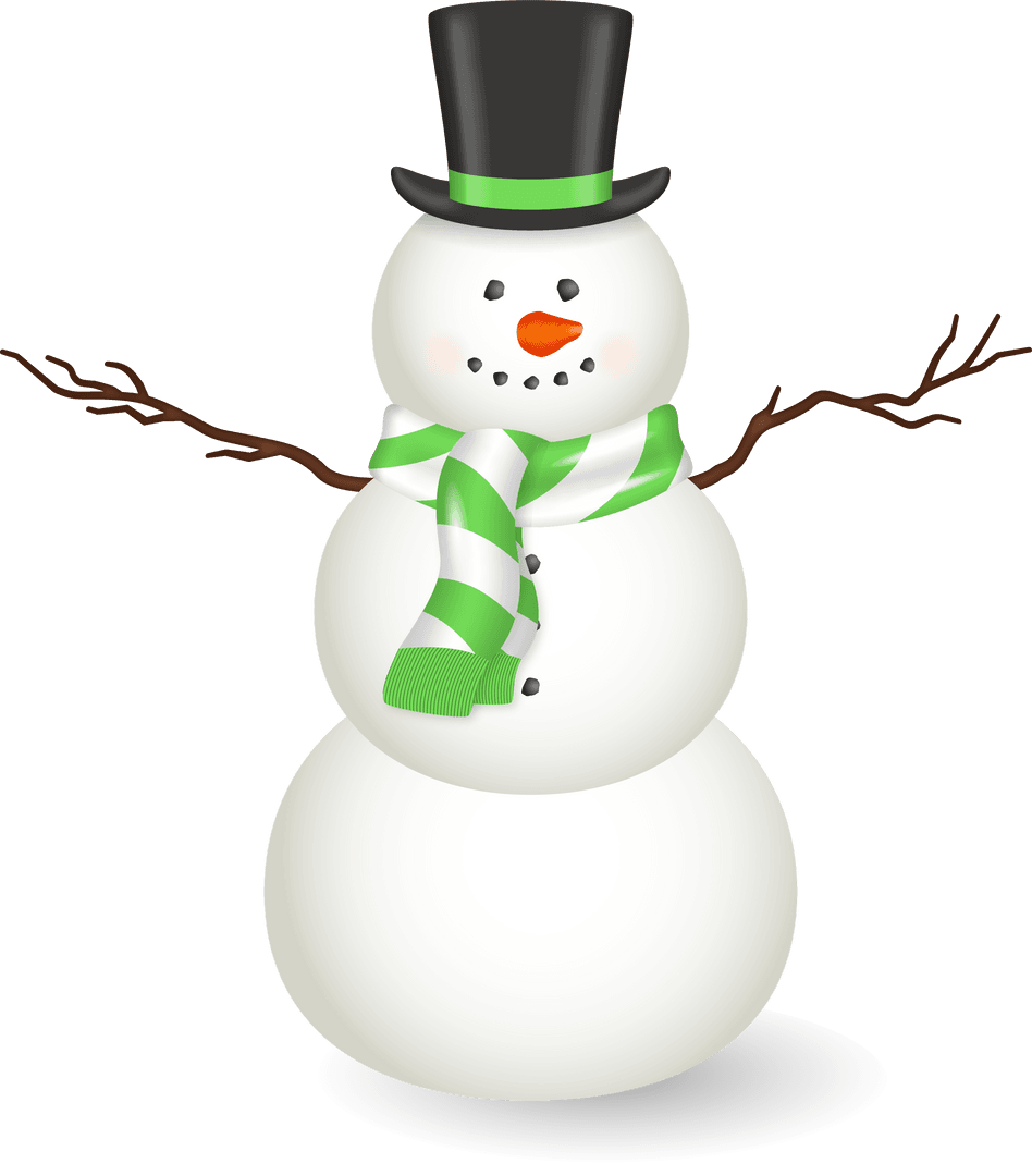 Charming Snowman in Classic Hat with Green Scarf on Transparent Background
