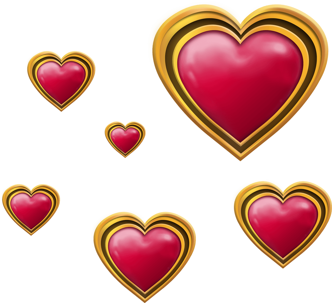 Glossy Red Hearts with Gold Frame on Transparent Background