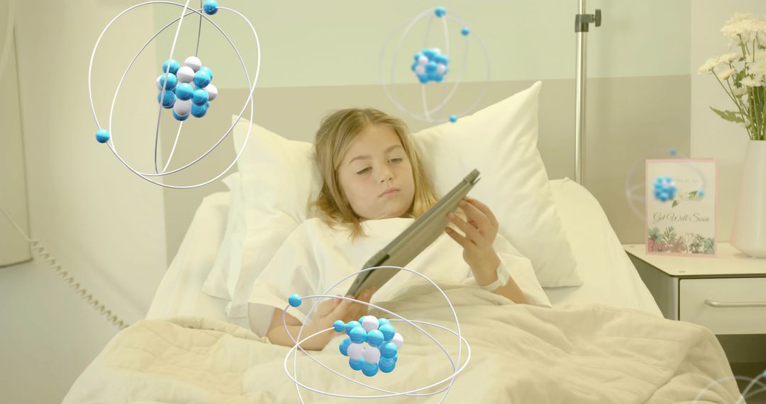 Child Patient Using Tablet in Hospital Bed with Molecular Technology Overlays