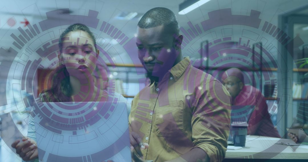 Diverse Coworkers Collaborating in Modern Office with Digital Overlay