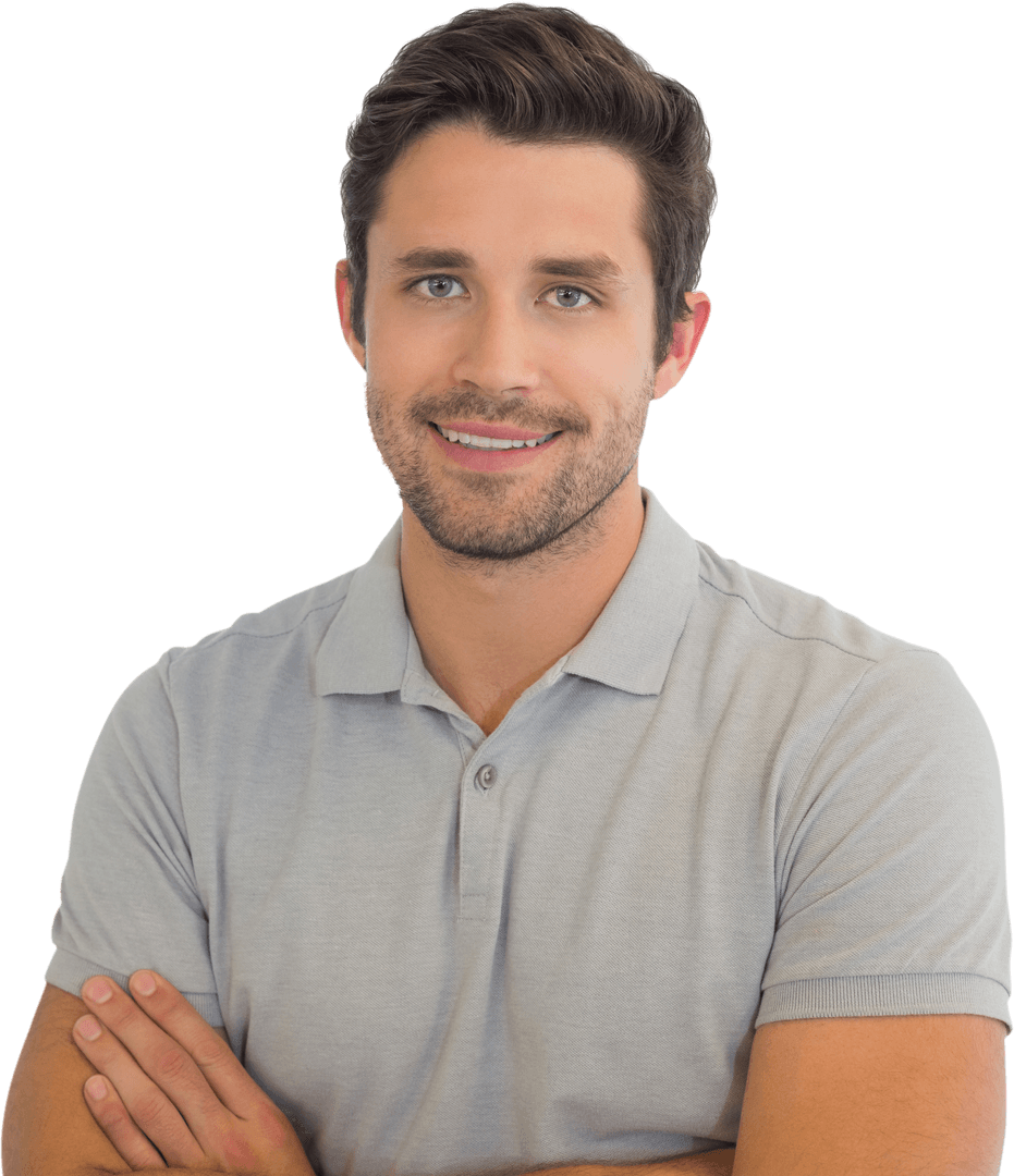 Businessman in Casual Outfit Smiling with Crossed Arms on White Background