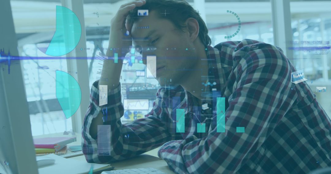Tired Businessman with Data Overlays in Modern Office