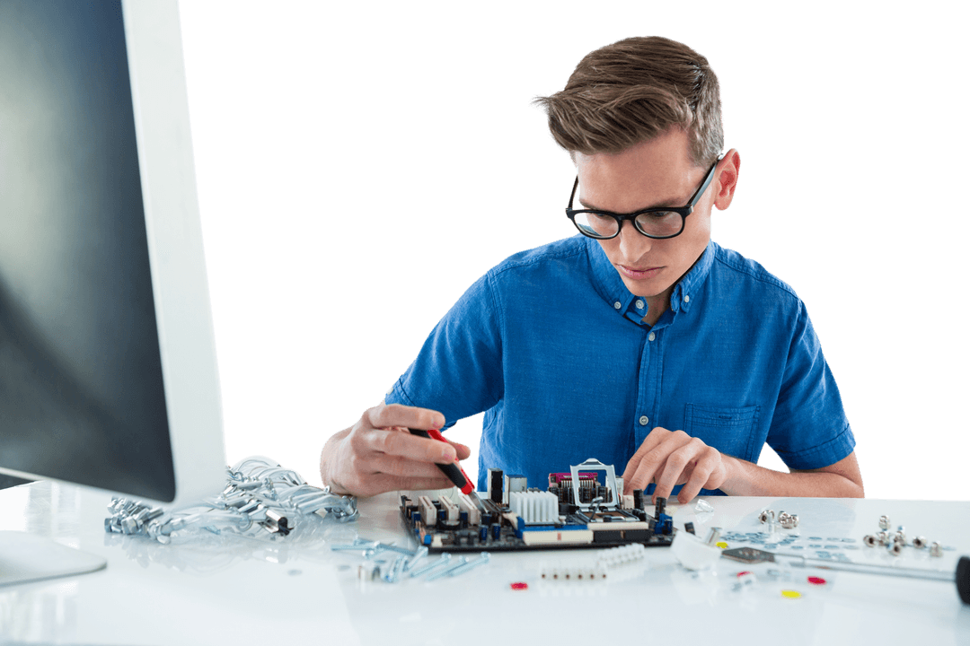 Computer Technician Repairing Motherboard with Precision Clean Look
