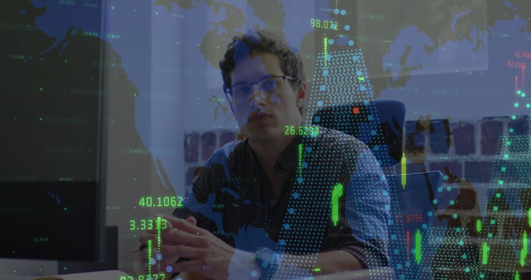 Businessman Analyzing Global Financial Data in Office Environment