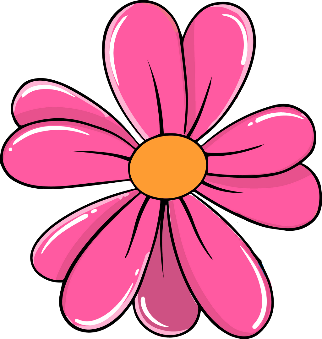 Cartoon Pink Daisy with Yellow Center on Transparent Background