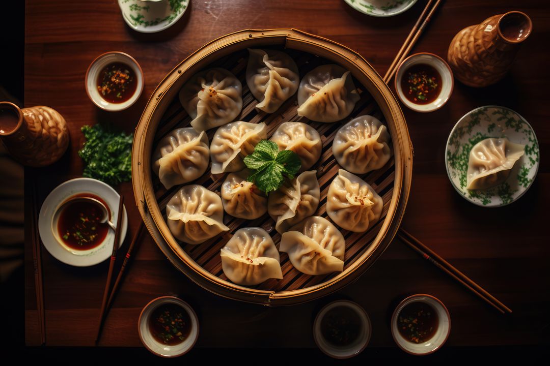 Close up of asian dumplings in bamboo steamer and sauces, created using generative ai technology - Free Images, Stock Photos and Pictures on Pikwizard.com