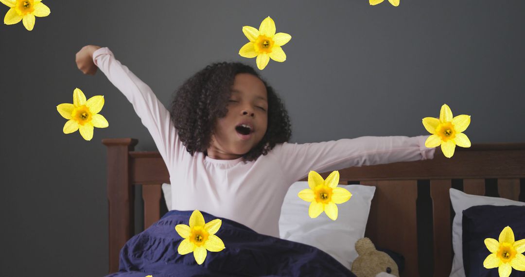 Image of flowers over african american girl waking up - Free Images, Stock Photos and Pictures on Pikwizard.com