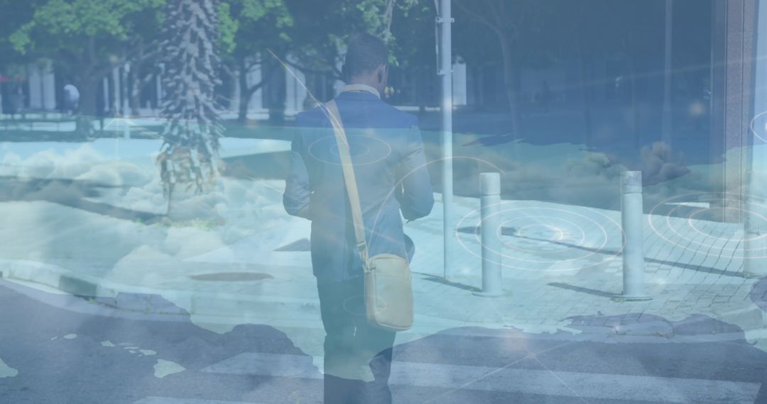 Businessman Walking in City with Global Networking Overlay