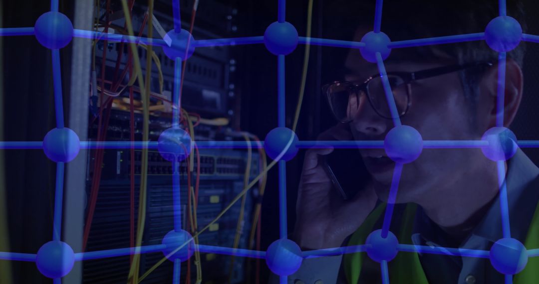 Technician Managing Network Nodes in Server Room