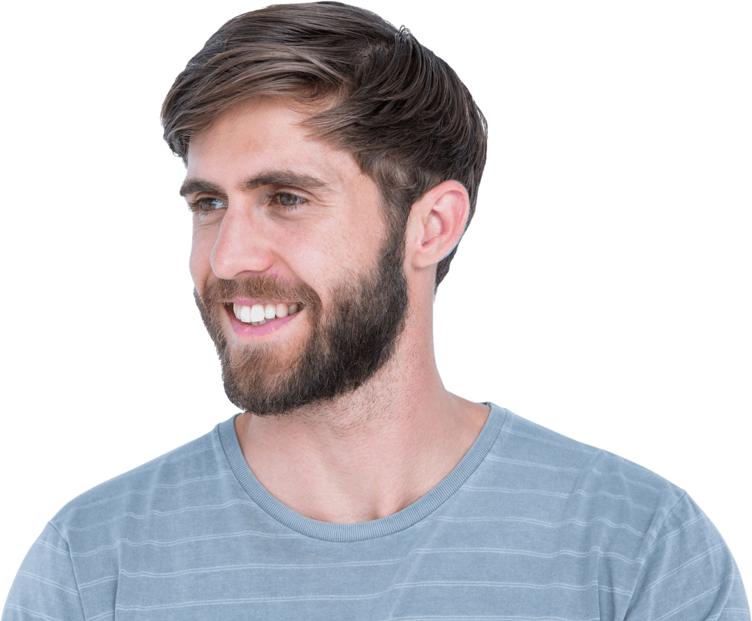 Transparent Background of Smiling Bearded Man in Gray Shirt