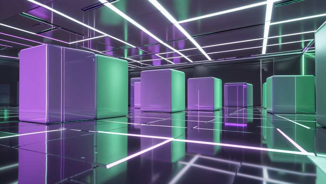 Translucent Glowing Cubes in Futuristic Chamber with LED Grid Lines