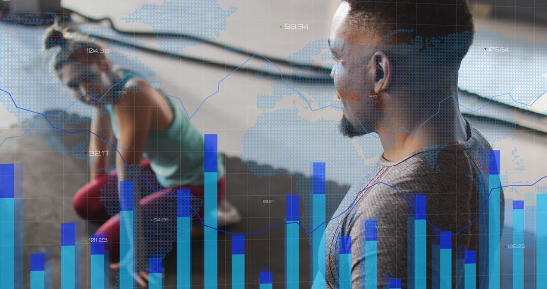 Two Athletes Analyzing Fitness Data in Gym with Overlaid Graphs - Free Images, Stock Photos and Pictures on Pikwizard.com