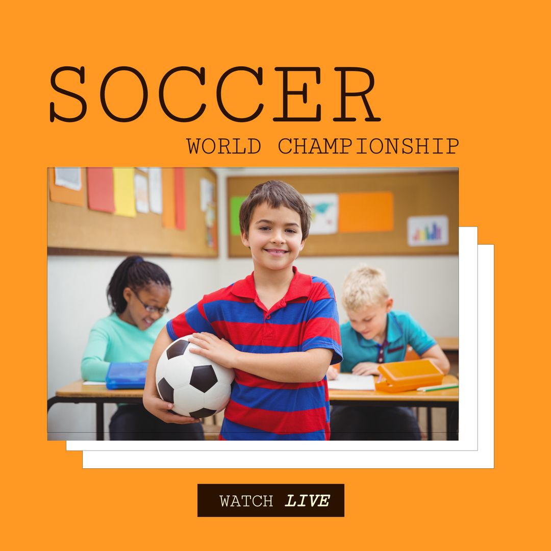 Smiling Boy Holding Soccer Ball in Classroom Setting