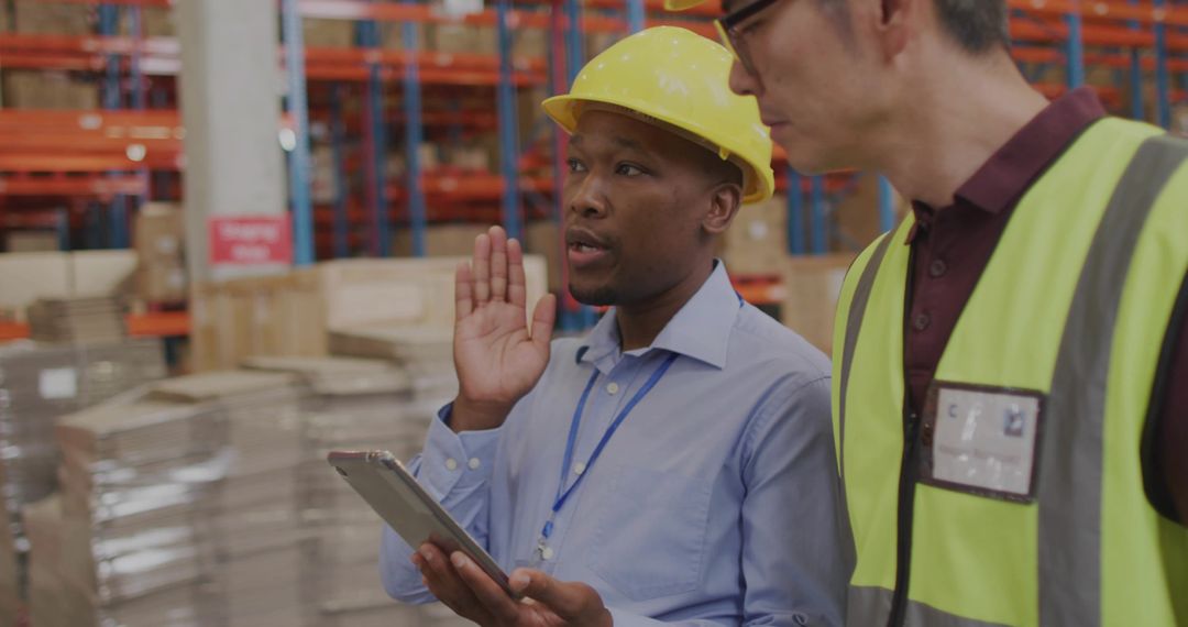 Warehouse supervisor gesturing with tablet directing team in inventory and shipping operations