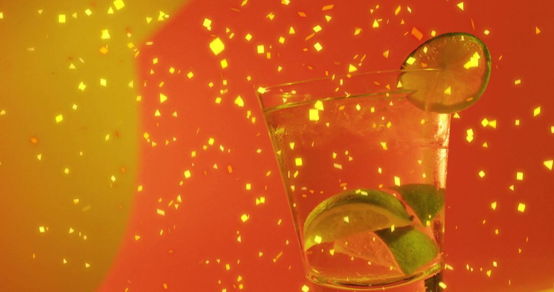 Vibrant Cocktail with Lime and Shimmering Confetti on Festive Background