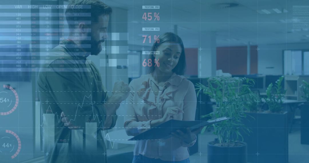 Business Colleagues Discussing Financial Data With Digital Interface Overlay