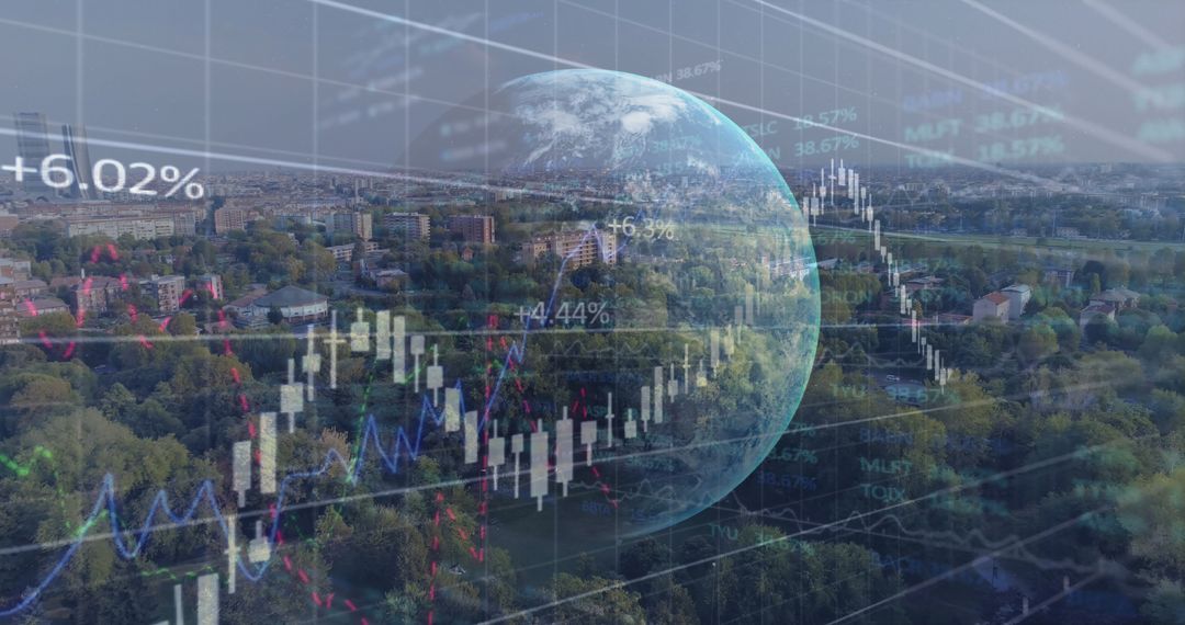 Global Digital Interface with Financial Data Over Imagined Cityscape