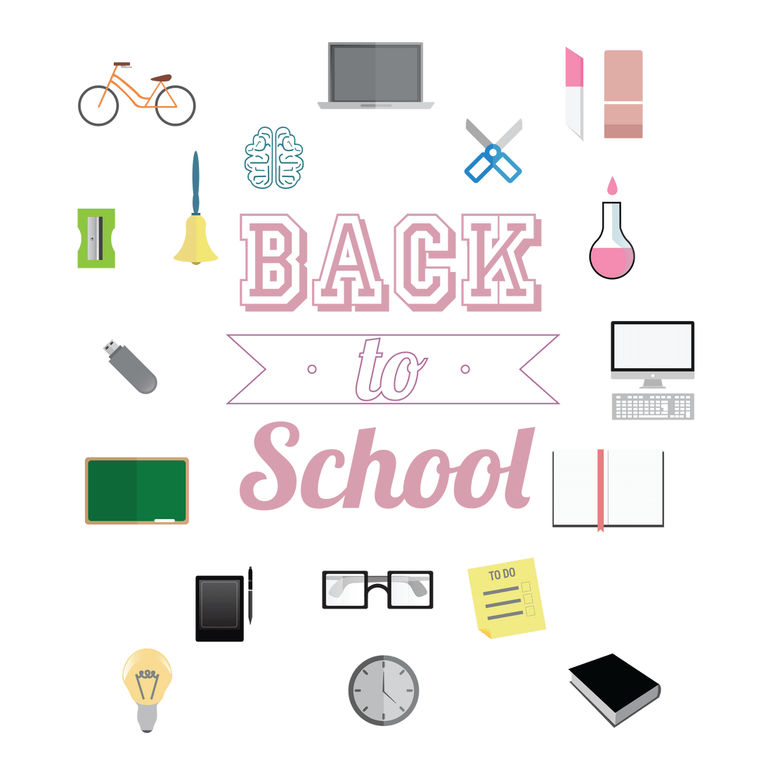 Colorful School Icons and Text on Transparent Background
