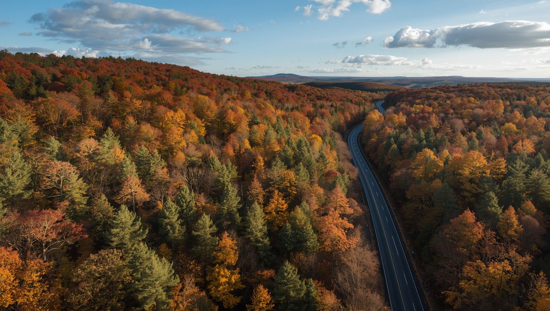 Winding Highway Through Autumn Foliage in Scenic Forest Landscape
