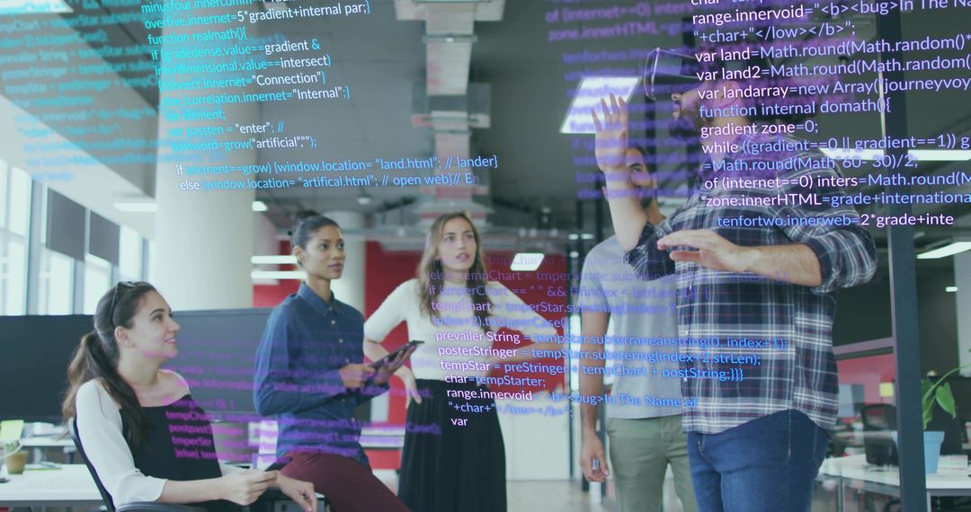 Team of Developers Collaborates on Coding Project in Modern Office