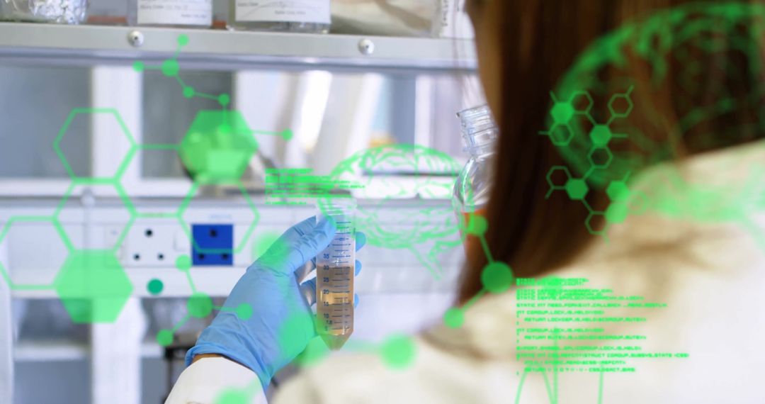 Female Scientist Analyzing Data with Futuristic Tech Interface