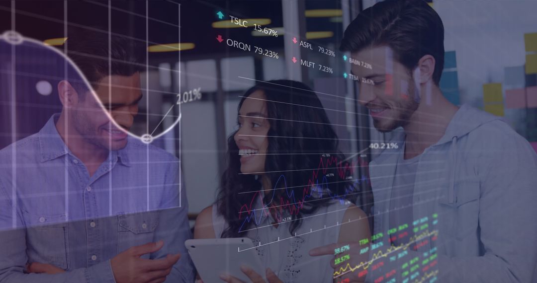 Diverse Team Meeting with Digital Stock Market Interface