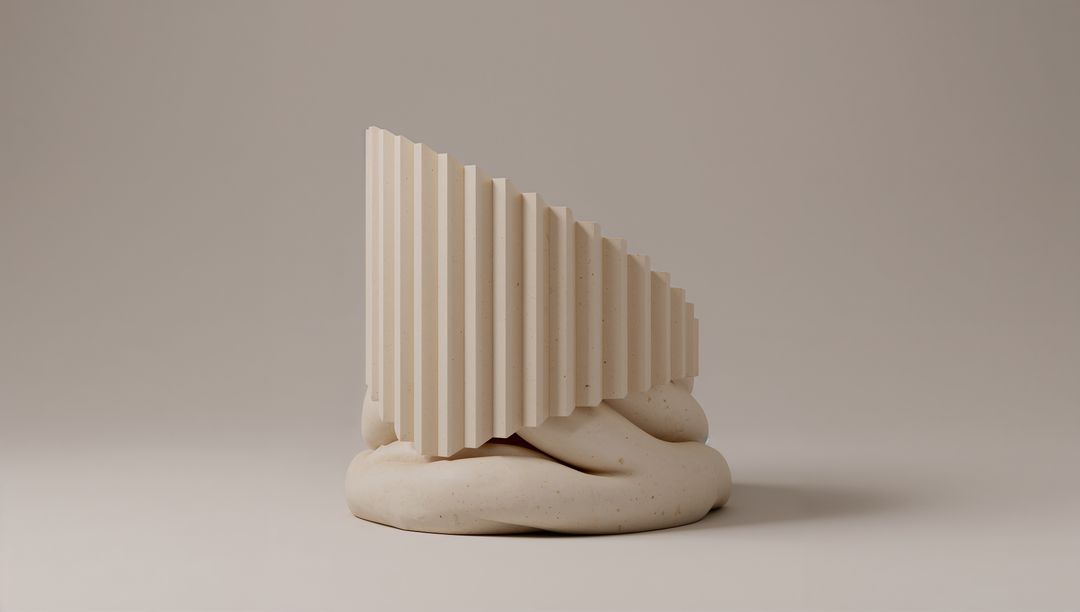 Minimalist Beige Sculpture Featuring Ribbed Triangular Slab Resting on Coiled Clay Base