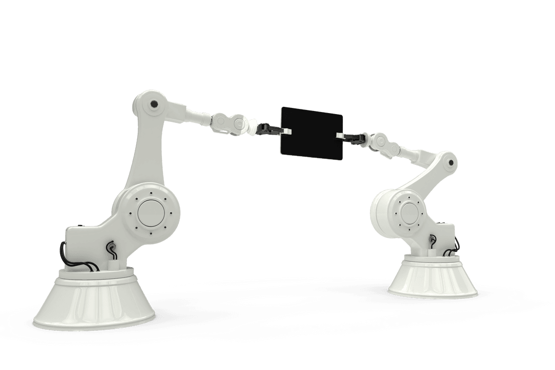 Robotic Arms Holding Tablet on Transparent Surface