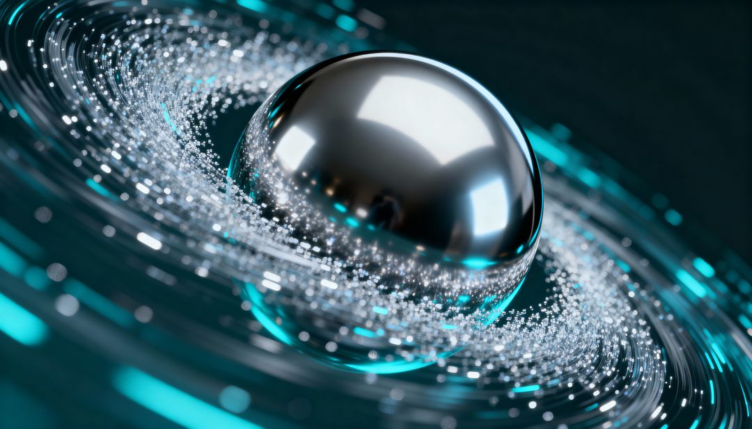 Reflective Metallic Orb Surrounded by Swirling Turquoise Particle Rings and Bokeh Motion