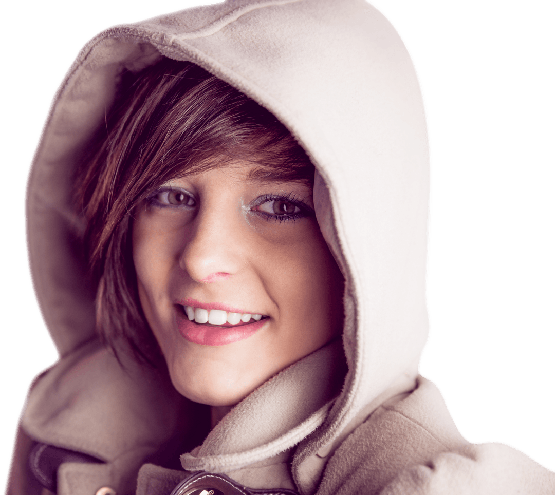 Smiling Woman in Tan Hooded Jacket Facing Forward, Transparent Background