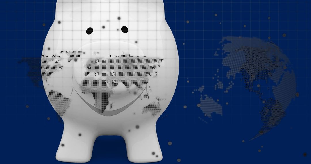 Piggy Bank with Global Map and Grid Matrix for Global Investment Theme