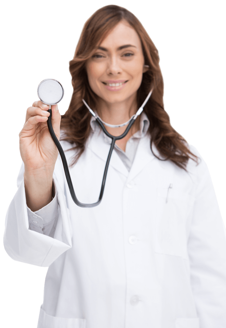 Smiling Female Doctor Holding Stethoscope in Transparent Attire