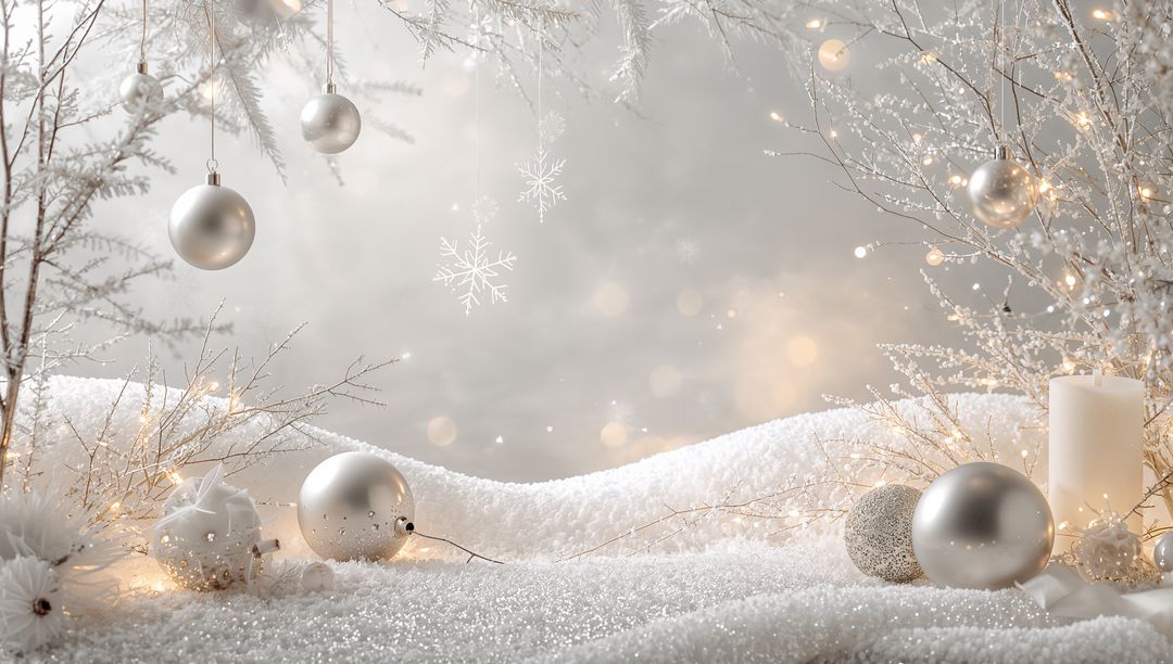 Silver and White Holiday Tabletop Vignette Featuring Sparkling Baubles and Candle Glow