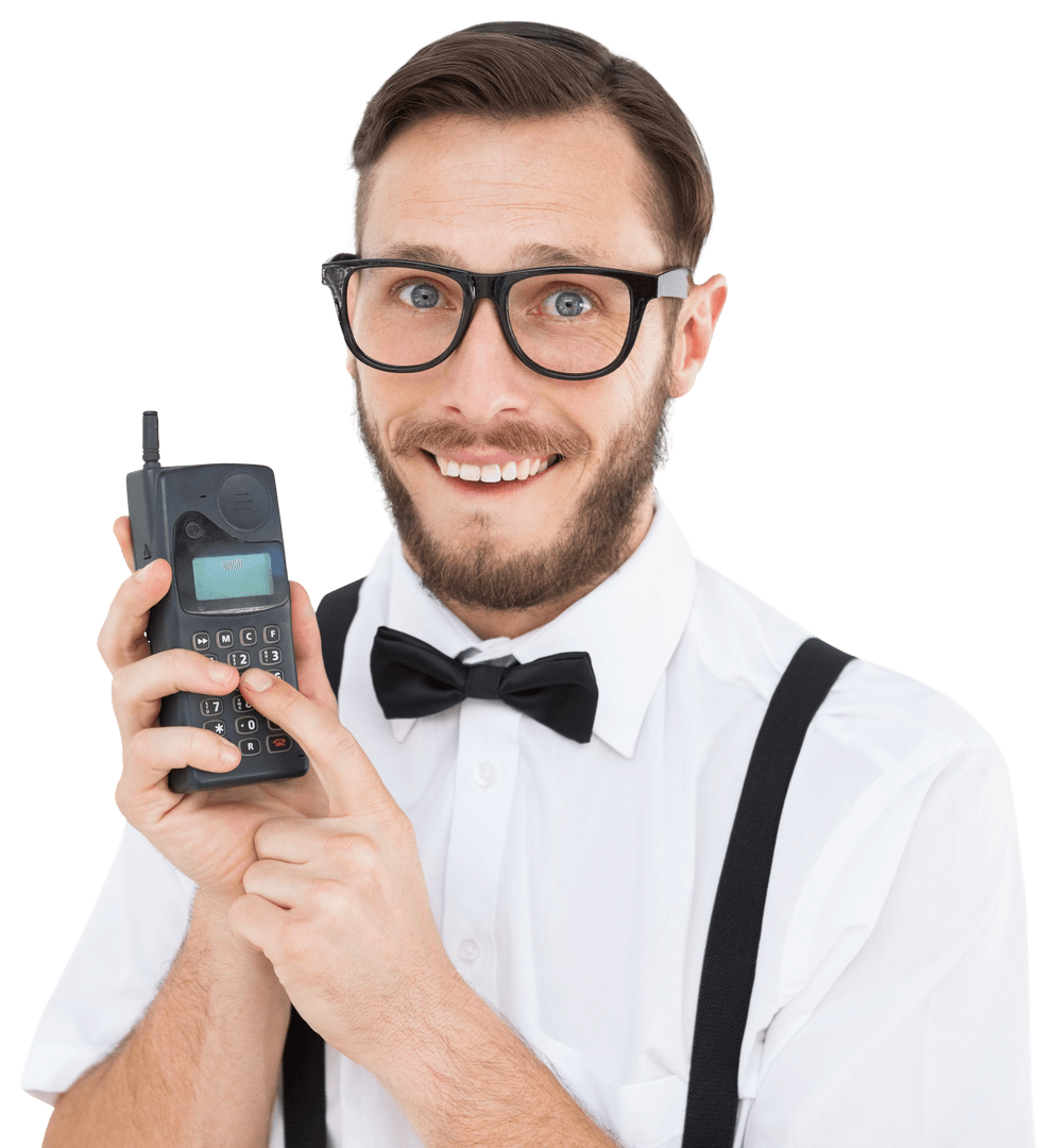 Smiling Geeky Hipster Holding Transparent Retro Cellphone