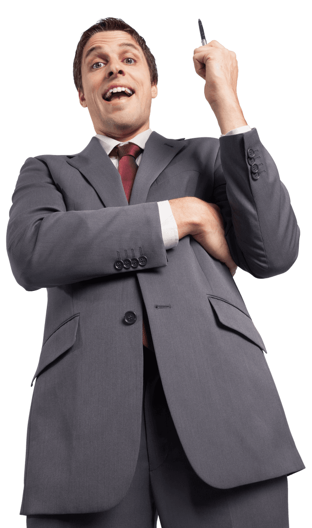 Excited Businessman Holding Pen with Raised Arm on Transparent Background - Download Free Stock Images Pikwizard.com