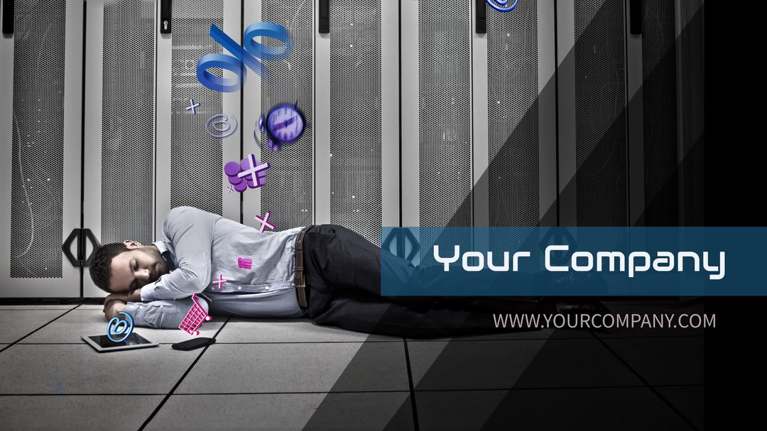 Businessman Sleeping with Floating Digital Symbols Representing Tech Fatigue