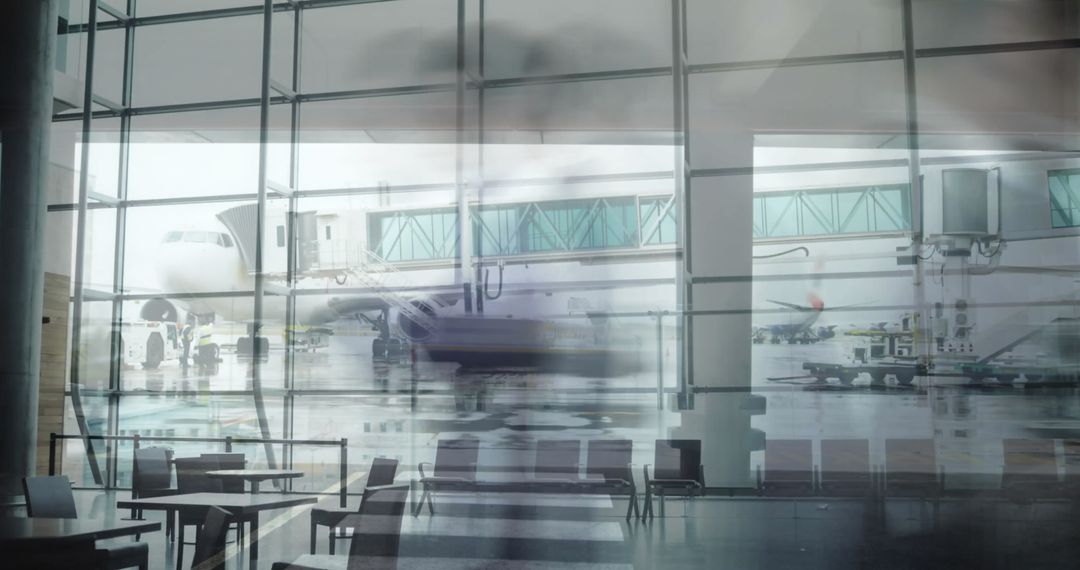 Busy airport terminal with jet at gate and blurred passengers moving through concourse