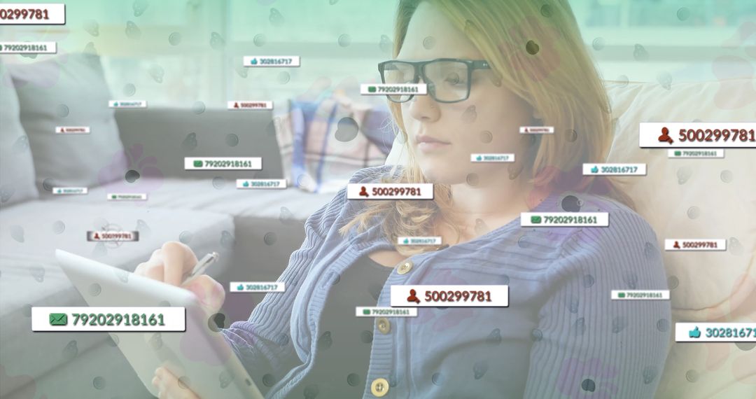 Woman Using Stylus on Tablet with Digital Notifications