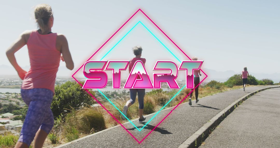 Women Jogging by Beach with Retro Game Overlay Text