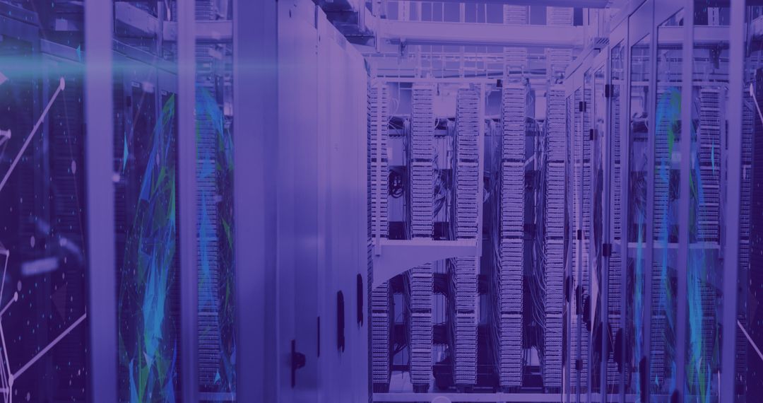 Modern Server Room with Holographic Digital Interface Illustration