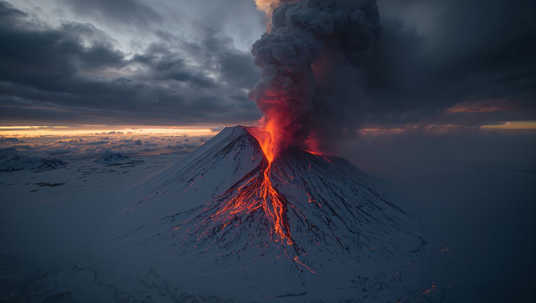 Explosive Volcanic Eruption at Dusk Creating Fiery Lava Streams
