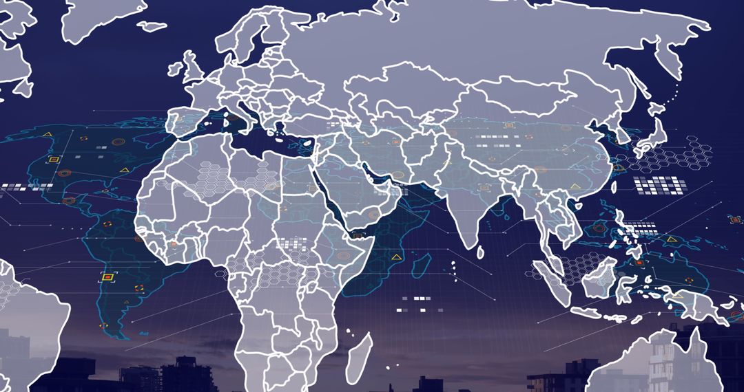 Digital World Map Overlay with Data on Cityscape