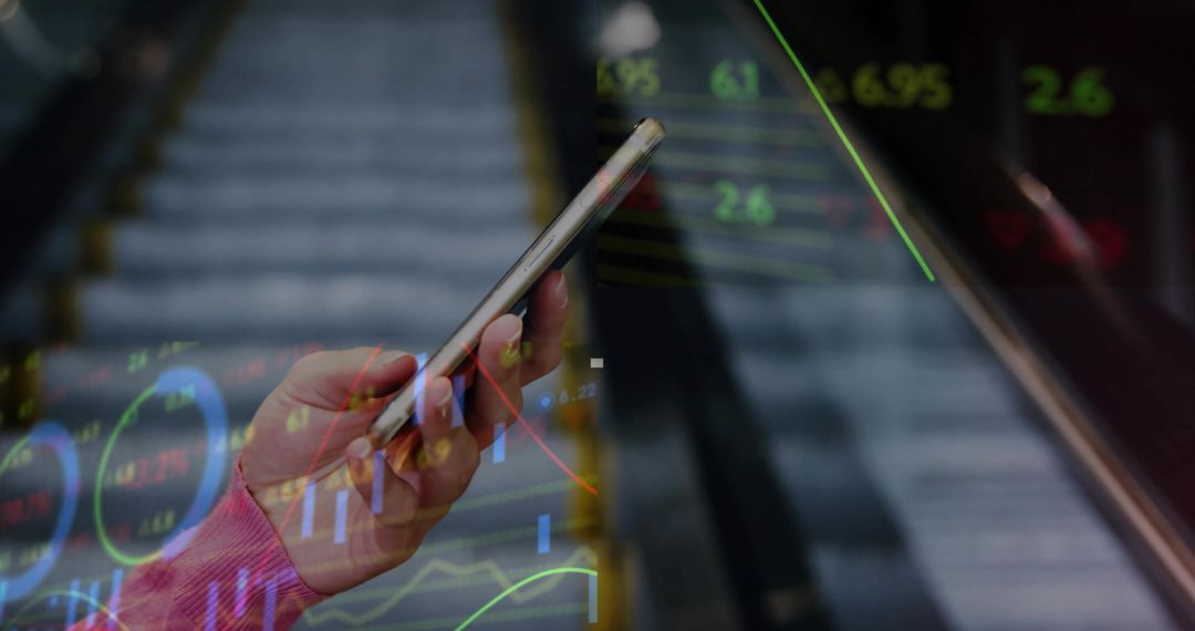 Woman Analyzing Stock Data on Smartphone Near Urban Escalator