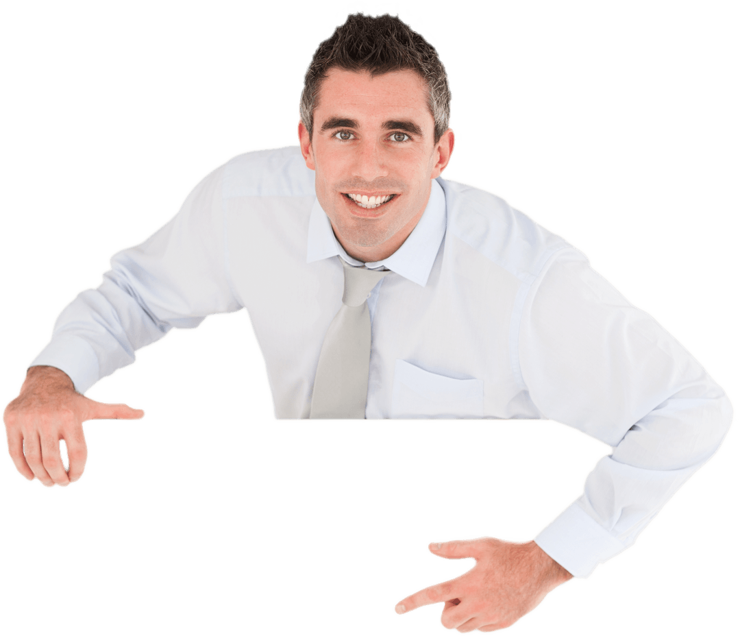 Transparent Businessman Pointing at Blank Card with Excited Expression