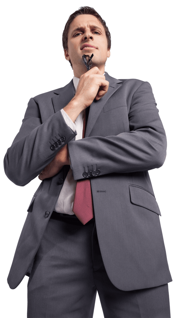 Transparent Businessman Contemplating Insights with Glasses